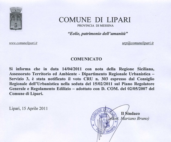 Prg Lipari, notificata approvazione