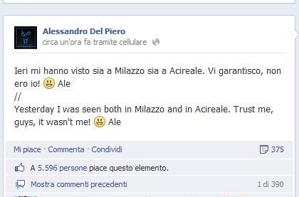 Del Piero su facebook: " non ero io "