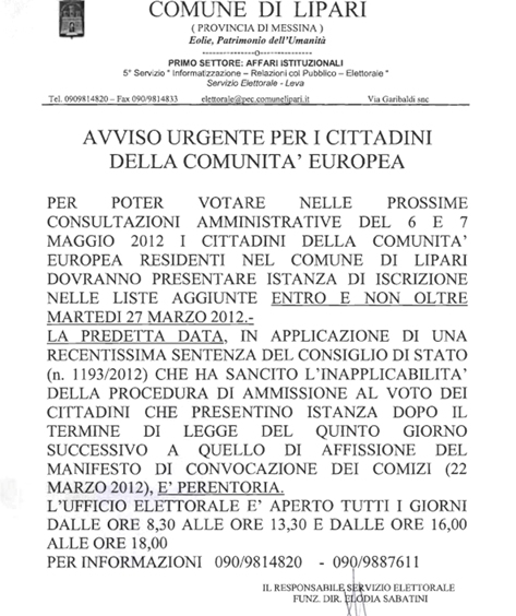 Per votare iscrizione alle liste entro il 27 marzo