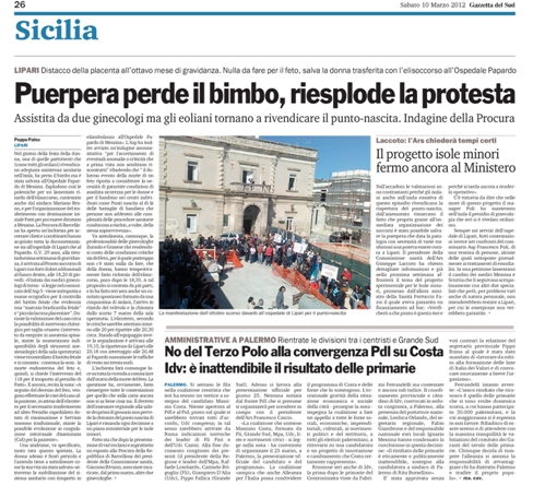 "Puerpera perde il bimbo" sulla Gazzetta