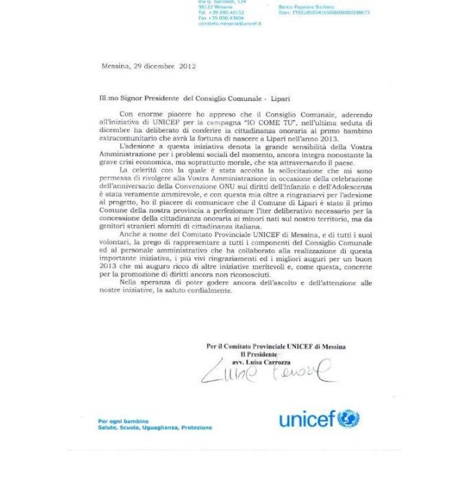 "Io come Tu", Unicef ringrazia Comune Lipari
