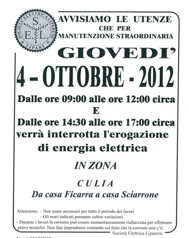 Culia, interruzione energia elettrica