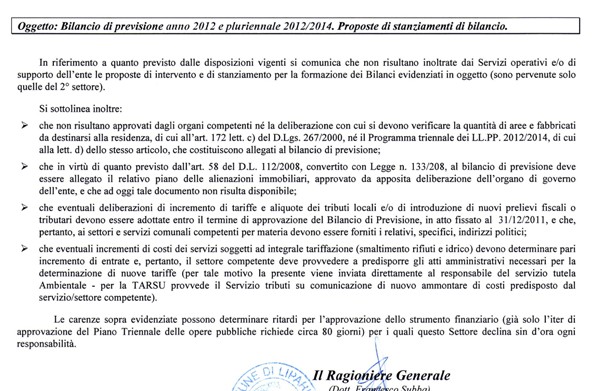 Bilancio 2012 e pluriennale, carenze rischiose