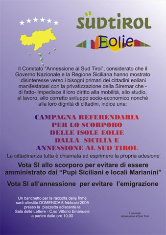 Sud Tirol, campagna per l'annessione delle Eolie